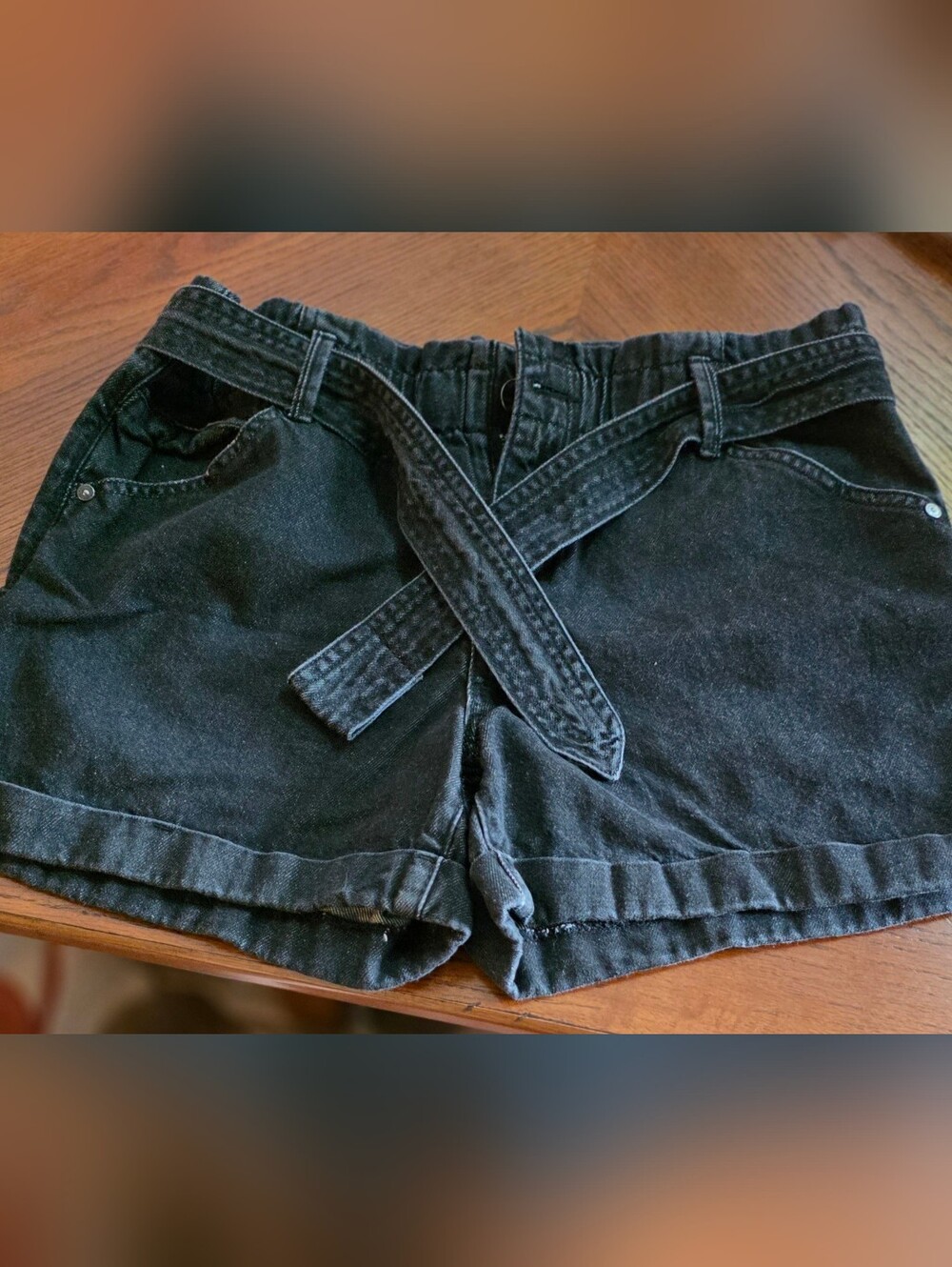 Democracy Black High-Waist Denim Shorts with Self-Tie Belt.  EUC. Size 6